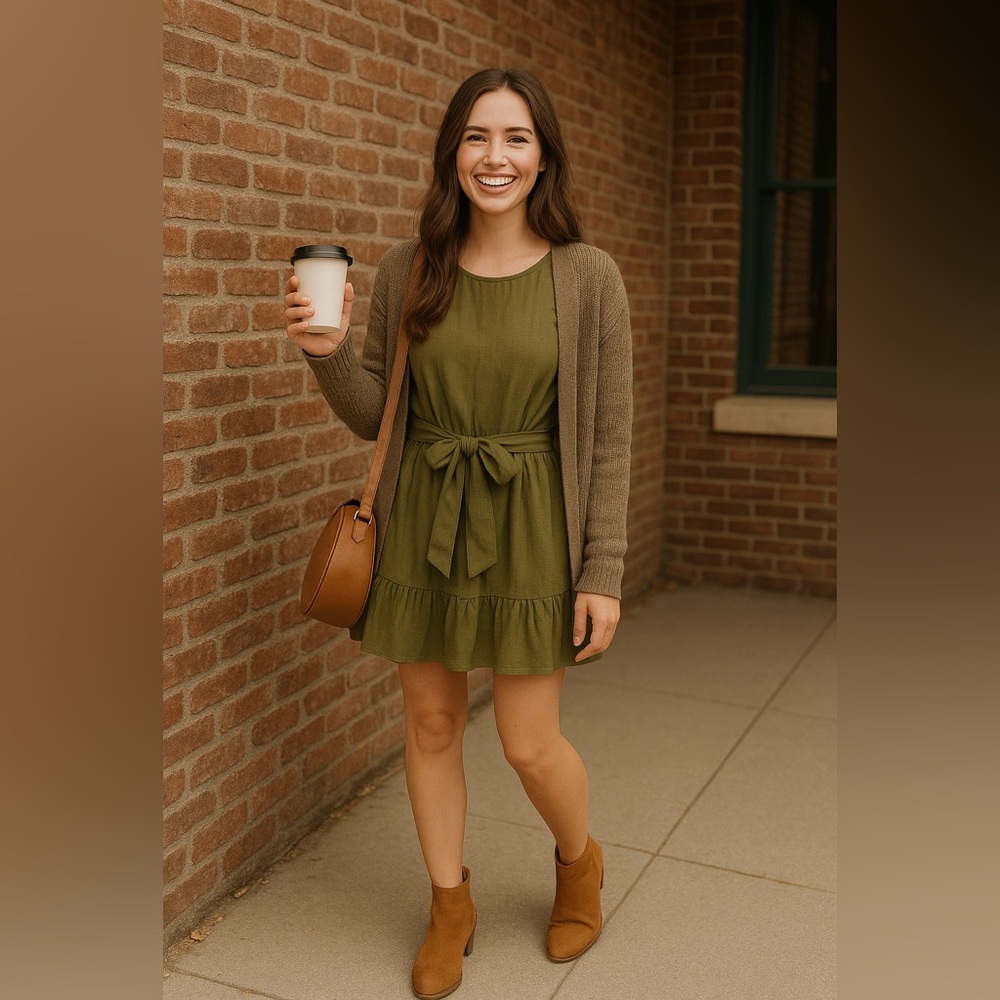 INC Dress- L Mini Olive Green Ruffle Hem Cotton with Waist Tie Boho Cottagecore - Picture 2 of 11